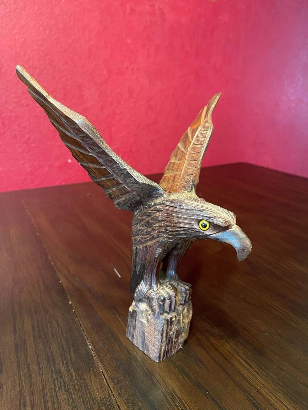 Vintage Hand-Carved Wood American Bald Eagle Sculpture with Inlaid Eyes